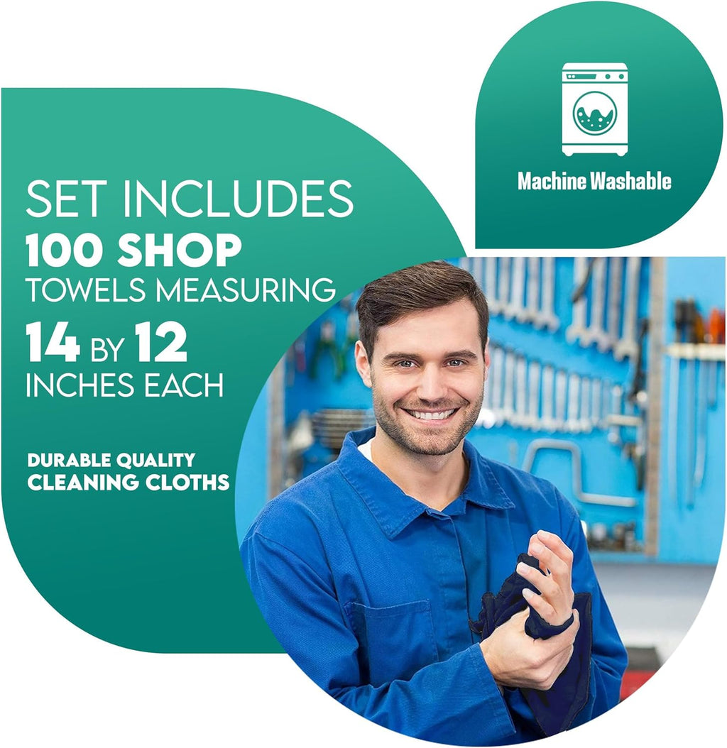 ZUPERIA Cotton Shop Towel – Multipurpose Cleaning Cloths (14" x 12" - Pack of 150 - Blue) Reusable Shop Rags for Automobiles, Industrial, Restaurants, Garage, and Homes