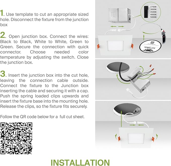 ASD 6 Pack LED Recessed Square Ceiling Light 4 Inch with Round Back, 5 CCT 2700K-5000K, Ultra-Thin Dimmable Wafer Lights with Junction Box, 12W 869LM, Canless Recessed Lighting, Slim LED Downlight, UL