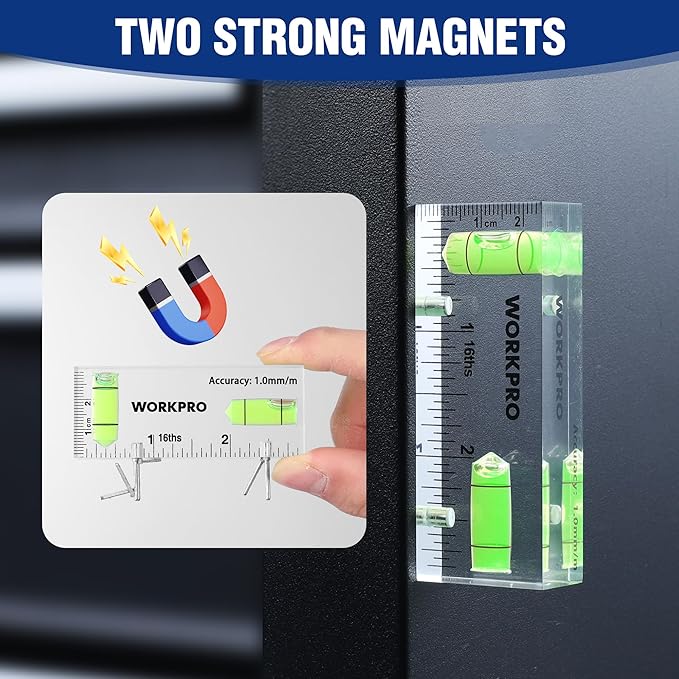 WORKPRO Small Level, 3 Inch Mini Level Tool, Magnetic Level with 2 Different Bubbles 90°/180°, Shatterproof Cross Check Bubble Level, Pocket Level for Picture Hanging Tool