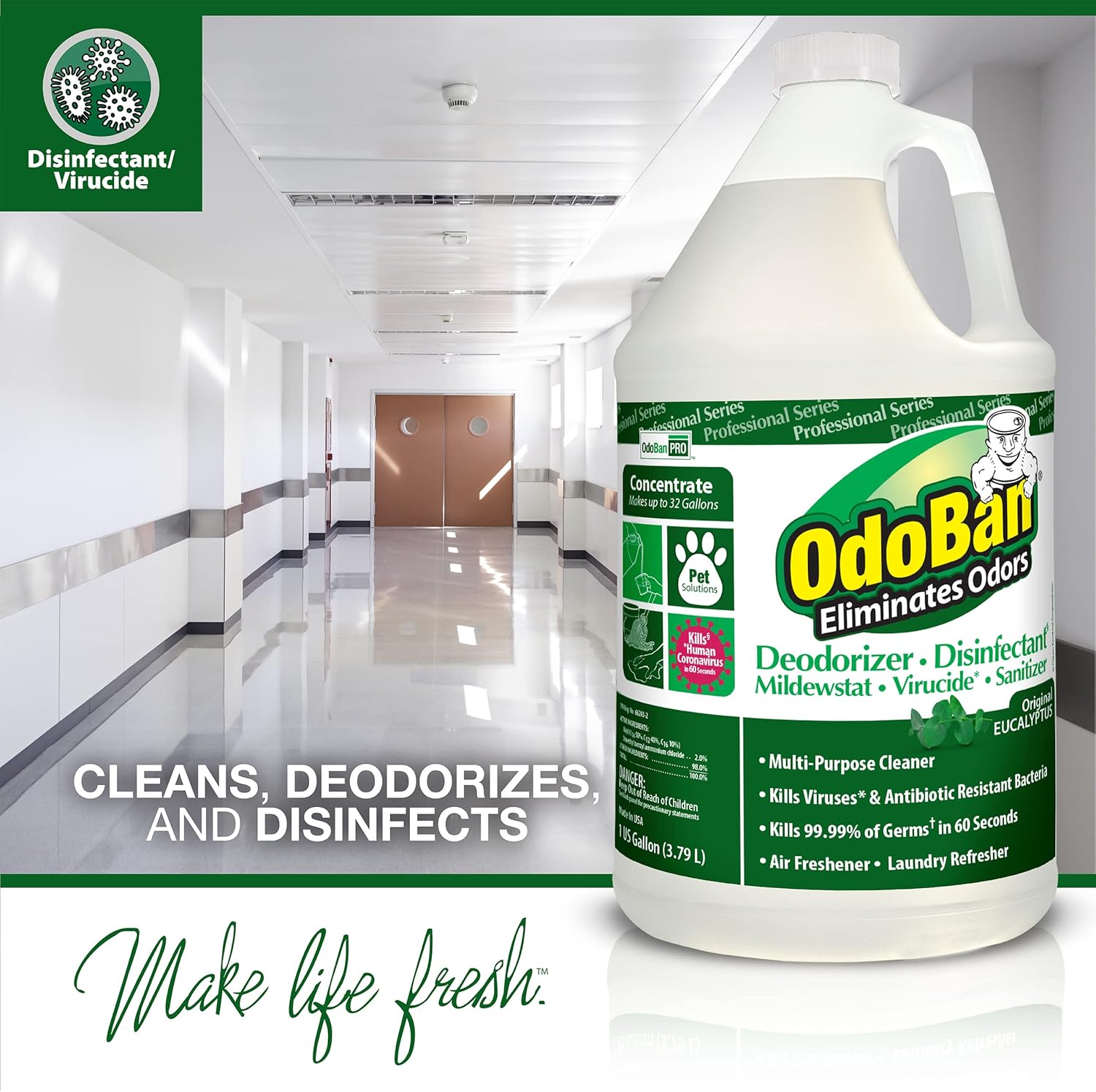 OdoBan Professional Disinfectant and Odor Eliminator Concentrate, 6-Pack, 1 Gallon Each, Original Eucalyptus Scent