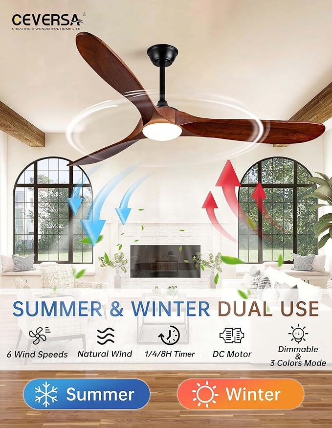 60 Inch Outdoor Ceiling Fans with Lights and Remote,3 Blades Wood Propeller, Quiet DC Motor,Dimmable Outdoor Ceiling Fans for Patios,Farmhouse,Living Room,Bedroom, Indoor,Walnut