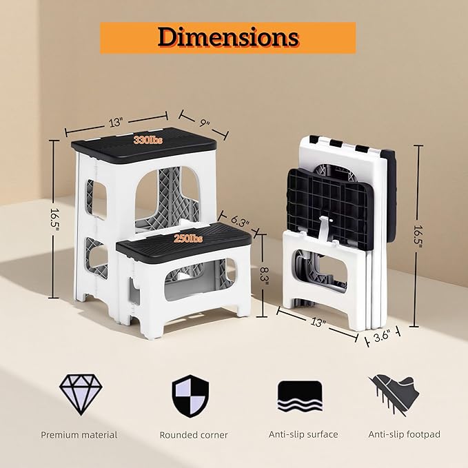 2 Step Stool Foldable, Non-Slip Steps, Folding Step Stool for Adults & Kids, Plastic Stool Pool Ladder, Collapsible Stools 2 Step Ladder for Kitchen Toilet Bedroom Office RV, Holds 330 lbs
