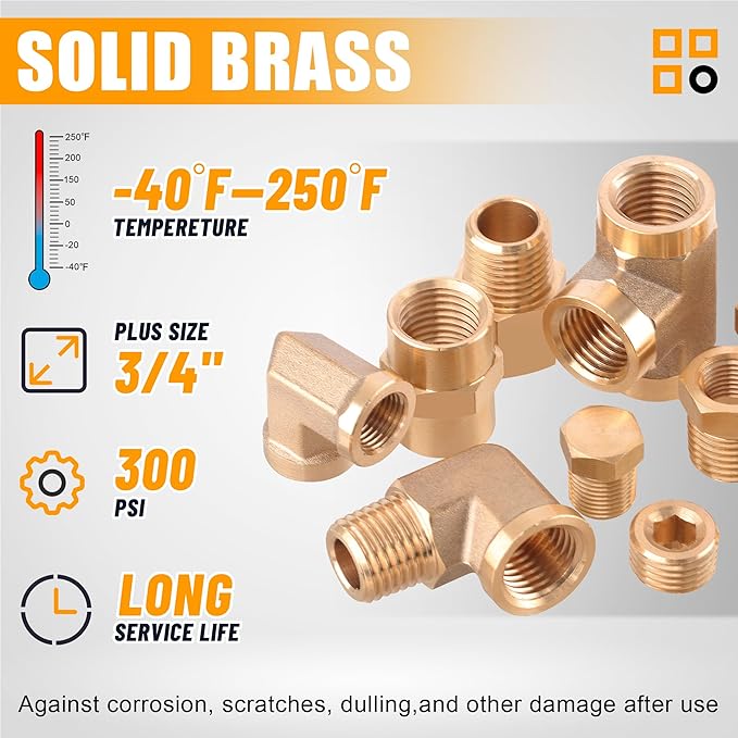 156PCS Brass Pipe Fittings Assortment Kit 1/8" 1/4" 3/8" 1/2" 3/4" NPT Adapter,Reducer Bushing, Hex Nipple, Reducing Hex Coupling,Hex Head Plugs,Street Elbow,Street Tee,Socket Plug