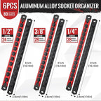 Magnetic Socket Organizer, 6-Piece Heavty Duty Aluminum Socket Holder, Socket Rail for Tool Box, Premium Quality 360° Swivel Socket Rack Kit with 80 Clips for 1/2, 3/8, 1/4-Inch(Red&Black)