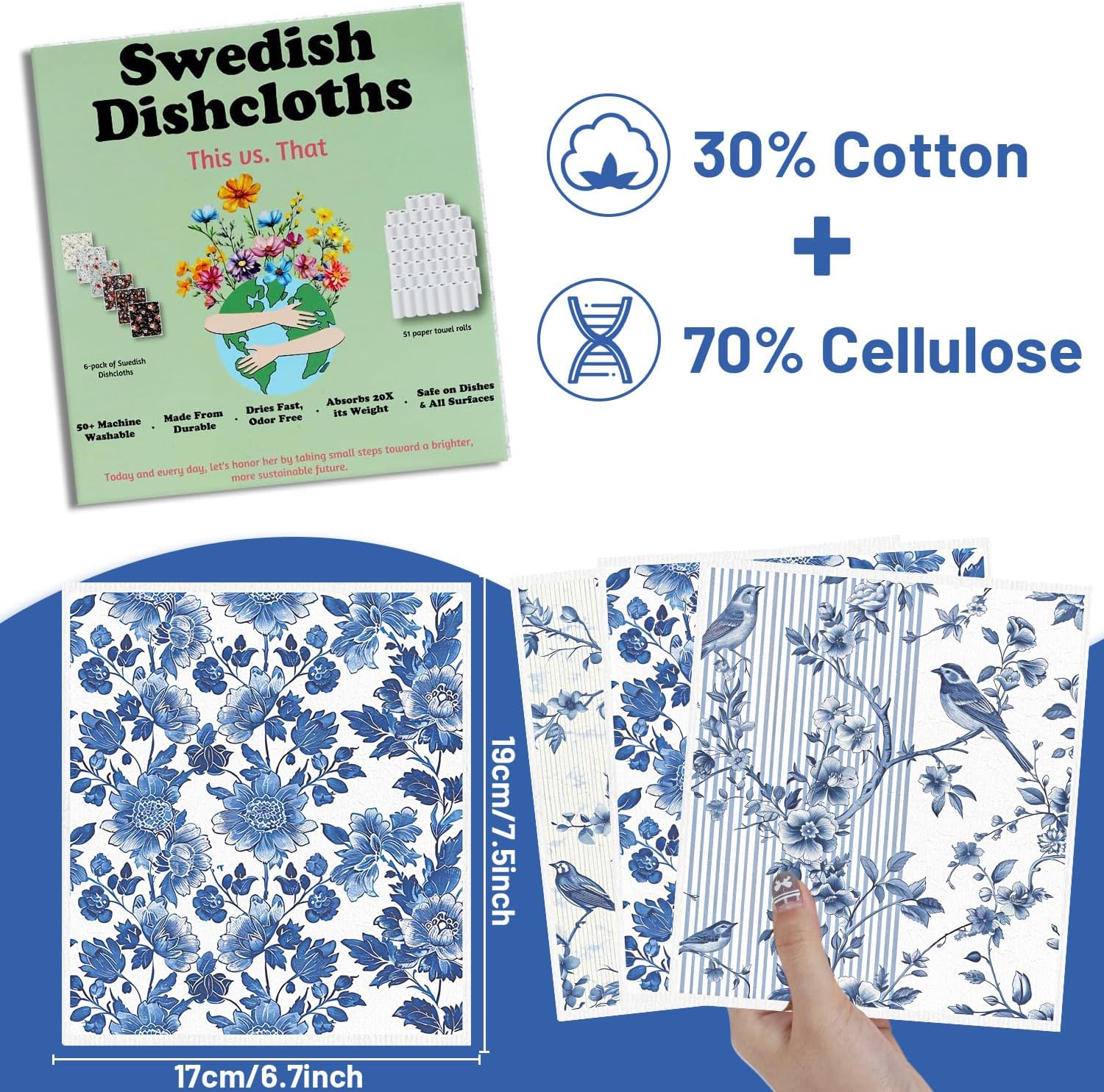 Blue Floral Swedish Dishcloths for Kitchen, 6 Pack Reusable Dish Paper Hand Towels Housewarming Gifts, Absorbent Dish Rags for Home Cooking Cleaning