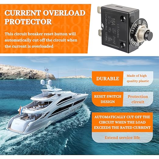 HUWREW 15 Amp Push Button Circuit Breaker 125-250V AC 50V DC L1 Series Manual Reset Thermal Circuit Breaker 15A Thermal Overload Protector
