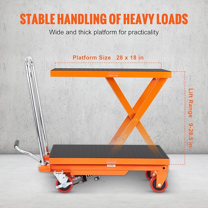 VEVOR Hydraulic Lift Table Cart, 500lbs Capacity 28.5" Lifting Height, Manual Single Scissor Lift Table with 4 Wheels and Non-Slip Pad, Hydraulic Scissor Cart for Material Handling, Orange