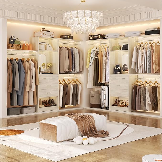 Unikito 8FT Closet System with 4 Drawers, 96" Wood Closet Organizer with Mirror and Hanging Rods, Sturdy Walk in Wardrobe Closet Insert with Tower, 96" W x 16" D x 80" H (Can Be Cut To Fit), White Oak