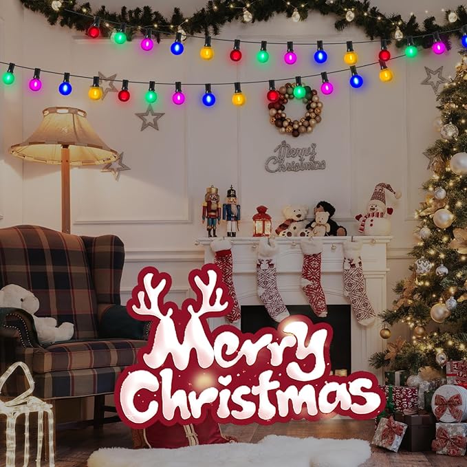 25 Pack G40 Colored LED Bulbs, Frosted Multicolor Globe Replacement Bulbs, 0.6 Watt E12 C7 Candelabra Base LED Bulbs for Outdoor Christmas String Lights, 2700K Warm White- Frosted Multicolor