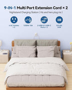 Split Extension Cord 10FT (5FT on Each Side), Single Flat Plug Twin Extension Cord with 4 AC Outlets, 2 USB-A & 3 USB-C(24W/4.8A), Nightstand Charging Station for Bedroom Dorm Room Home, His and Hers