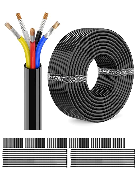 NAOEVO 18 Gauge Wire 5 Conductor Electrical Wire, 18 AWG Stranded PVC Cord, 12V Low Voltage/Tinned Copper/Flexible Cable for Automotive Wiring, Lamp Cord, Marine Cable (100FT)