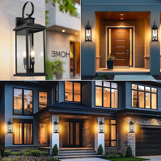 Large Outdoor Wall Light Fixture: 24in Black 3-Light Modern Porch Lantern, Waterproof Exterior Lighting Sconce Wall Mount, Outside Lamp for House Garage E12 Base