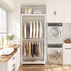 Homykic Bamboo Clothes Rack with Shelves and Double Hang Rods, Portable Closet System Garment Rack for Hanging Clothes, Tall Clothing Rack Corner Closet Organizer, Easy to Built, Freestanding, White