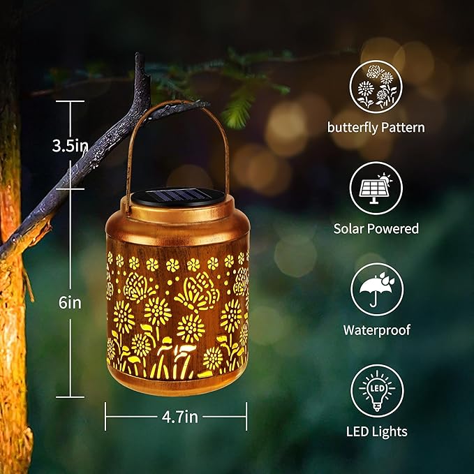 Brizled Butterfly Solar Lantern Lights 2 Pack, Warm White Christmas/Birthday Gift for Women Mom Grandma, Waterproof Hanging Solar Butterfly Lights, LED Lanterns for Garden Patio Path Tabletop Decor