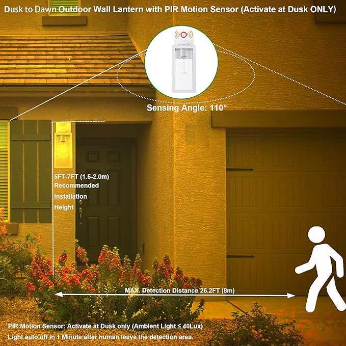 GRUENLICH Dusk to Dawn Large Outdoor Wall Lantern, PIR Motion Sensor Wall Sconce, E26 Base Max 60W, Metal Housing Plus Glass, White Finish, Bulb Not Included, 2-Pack