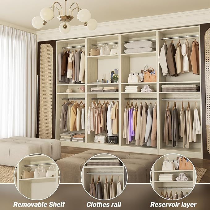 Unikito 100” Closet System, 8.3FT Wood Closet Storage Organizer with 8 Hanging Rods, Adjustable Large Walk in Wardrobe Closet Tower, Sturdy Clothes Garment Rack, Easy Assembly, Set of 4, White Oak