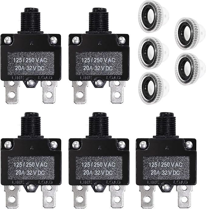 5PCS 20Amp Circuit Breakers with Push Button Reset with Quick Connect Terminals and Waterproof Button Cap