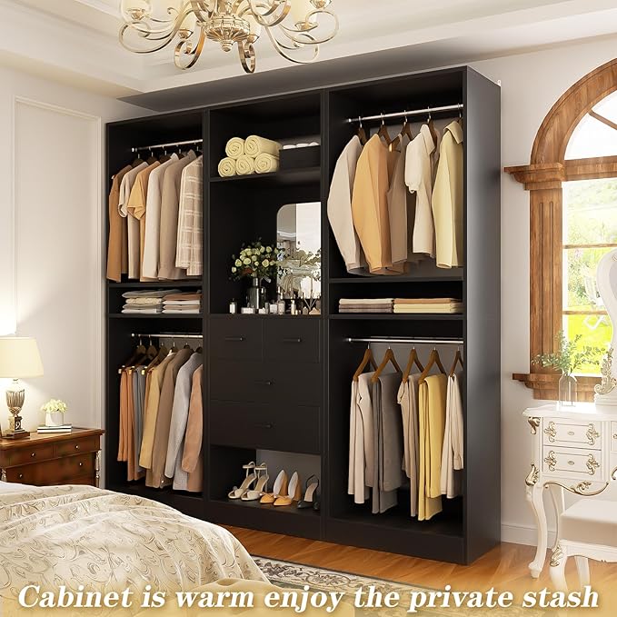Unikito 75 Inch Walk in Closet System with 4 Drawers, 6.3FT Closet Organizer with Hanging Rods and Mirror Design, Reversible Large Closet Wardrobe with Shelves, Adjustable Closet Tower, Black