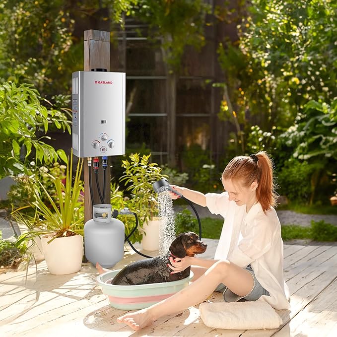 GASLAND 2.64GPM Tankless Water Heater Propane 10L, Outdoor Propane Camping Hot Water Heater, Overheating Protection, Easy to Install, Use for RV Cabin Barn Camping Boat, Silver, BE264S