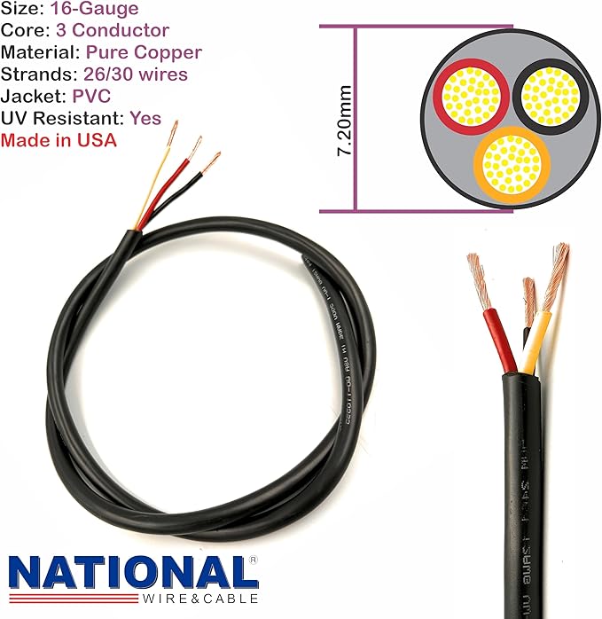 NATIONAL Wire & Cable – 16 AWG 3-Conductor Premium Copper Wire, 25 ft, Stranded | Made in USA, Heavy-Duty Flexible Jacket | LED, Lights, DIY Projects, Low Voltage Wiring, Indoor and Outdoor Use