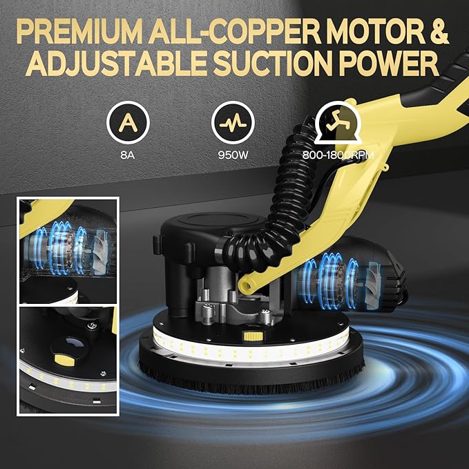 Drywall Sander, 2025 Upgraded 8-Amp Popcorn Ceiling Removal Tool with 7 Variable Speed 800-1800RPM, Drywall Sander with Vacuum Dust Collector with Extendable Handle, LED Light, 12pcs Sanding Discs