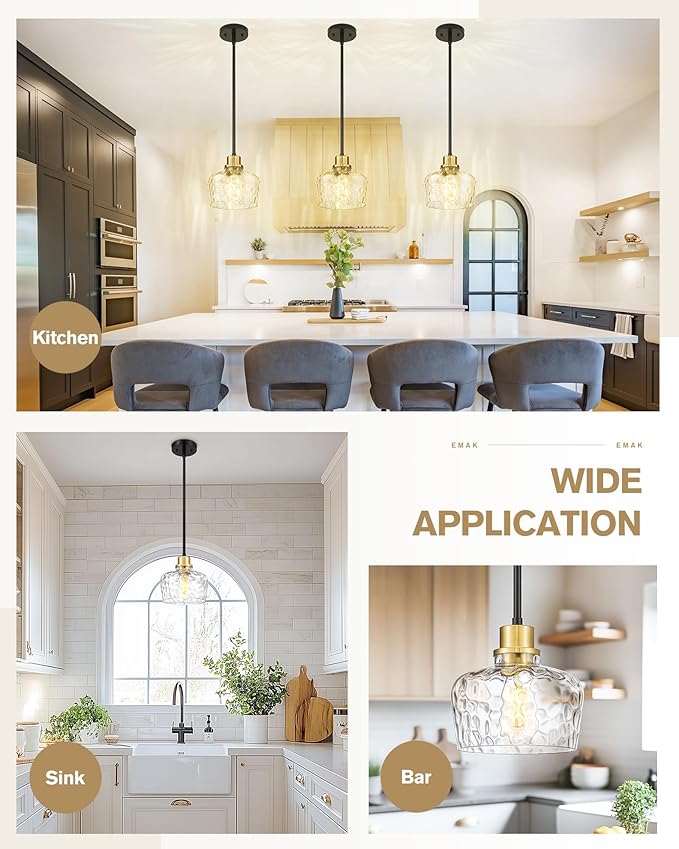 Emak Modern 8 Inch Pendant Lights Kitchen Island, Black and Gold Pendant Light Fixtures with Hammered Glass Shade, Farmhouse Island Lights for Kitchen, Dining Room, Bathroom, PL122-BKBGD-HG