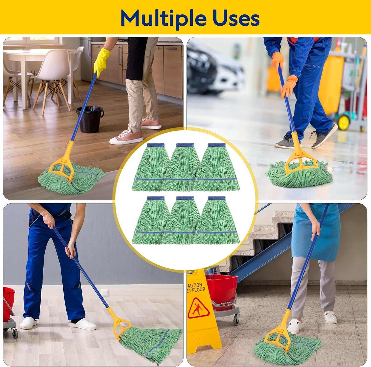 Matthew Cleaning Heavy Duty Mop Head Commercial Replacement for General and Floor Cleaning, Wet Industrial Blue Cotton Looped End String Head Refill (Pack of 6) Green