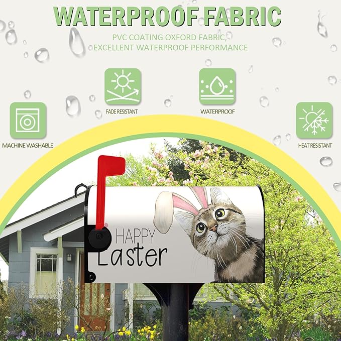Happy Easter Mailbox Covers Magnetic Standard Size 21 x 18 Inch Easter Cat with Bunny Ears Mailbox Cover Post Box Wraps Decorations for Spring Garden Yard