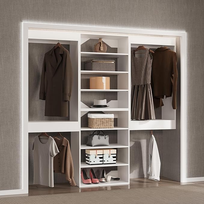 Modular Closet System, 66" Wide Closet Organizer System with Hanging and Towers, Wood Tower Closet Storage for Walk In Closets, Wall Mounted Wardrobe Organizer Kit System, Bedroom, White