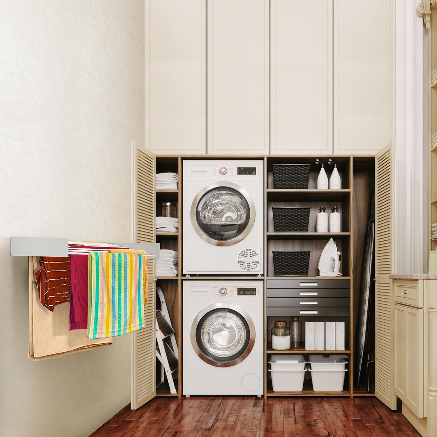 Step Up Laundry Drying Rack (Extra Large: 47 Inches, 12 Lbs), Wall Mounted, Retractable Clothes Drying Rack, 70lbs Capacity, 27 Linear Ft, with Wall Template and Long Drill Bit (47" White)