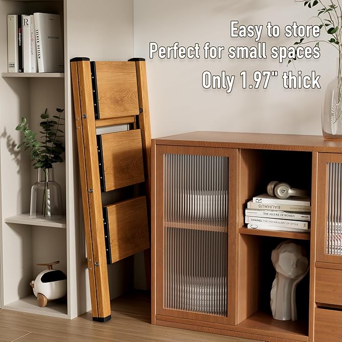 3 Step Ladder,Aluminum Folding Step Stool for Adults,Step Ladder with Wide Anti-Slip Pedal,330 lbs Capacity for Home,Office,Kitchen,Library(Woodgrain