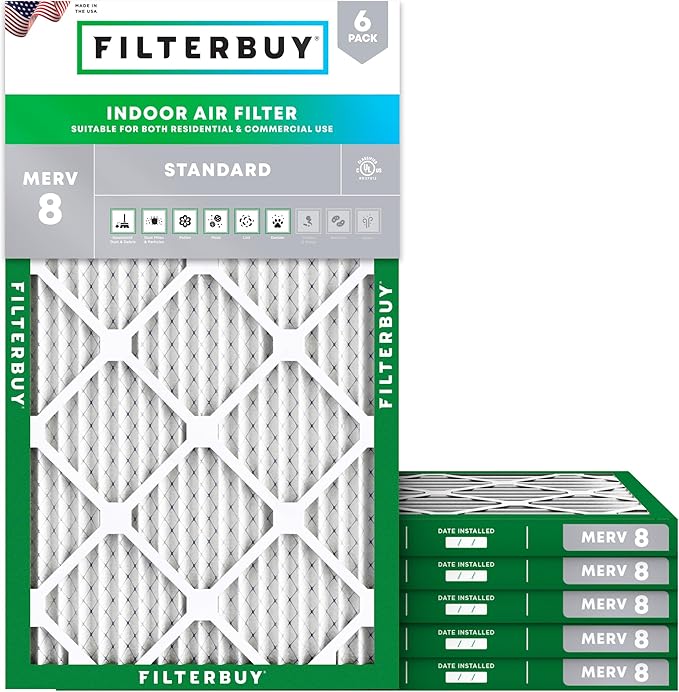Filterbuy 10x25x1 Air Filter MERV 8 (MPR 700) Dust Defense Replacement (6-Pack), Electrostatic Pleated HVAC AC Furnace Filters, Made in USA (Actual Size: 9.75 x 24.75 x 0.75)