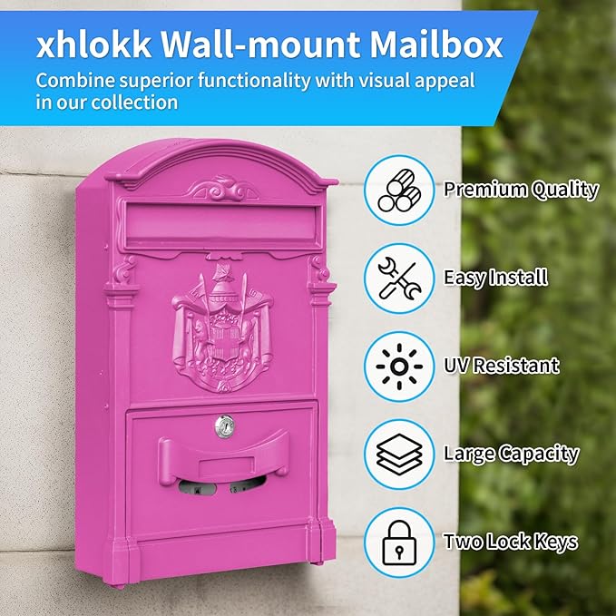 Wall Mount Mailboxes, Rust Resistant Locking Vintage Mailbox for House, Galvanized Steel Outside mailboxes with Key Locks, Barbie Pink