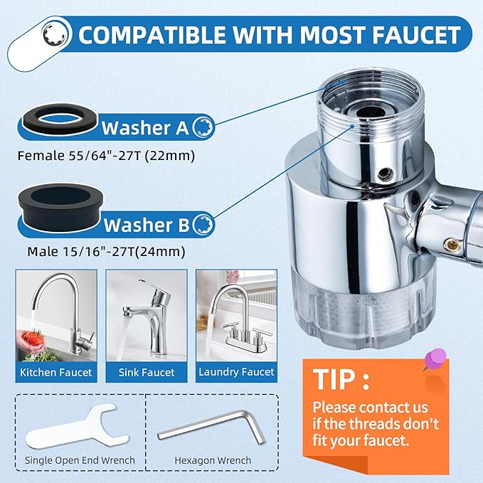 CECEFIN Water-Filter for Sink-Faucet Extender-Aerator - 9pcs Cartridges Reduce Chlorine for Bathroom/Kitchen Skin Face Eye Wash,Brass Faucet Mount Purifier System,1080°Rotating 2-Mode Swivel Aerator