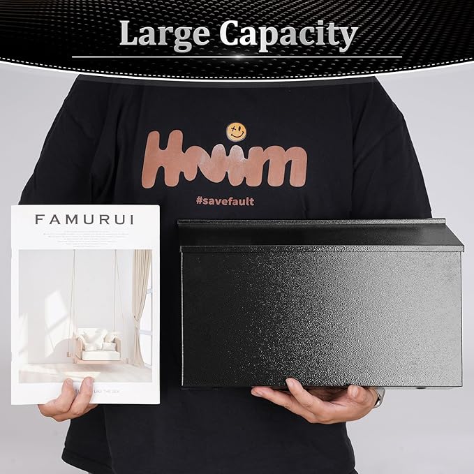 Dalmbox Wall-Mount Mailbox Large Mailbox for Post Rust-Proof Galvanized Steel Box for Outside or Townhouse Horizontal Style, Black, 15.7” x 4.3” x 9.4”