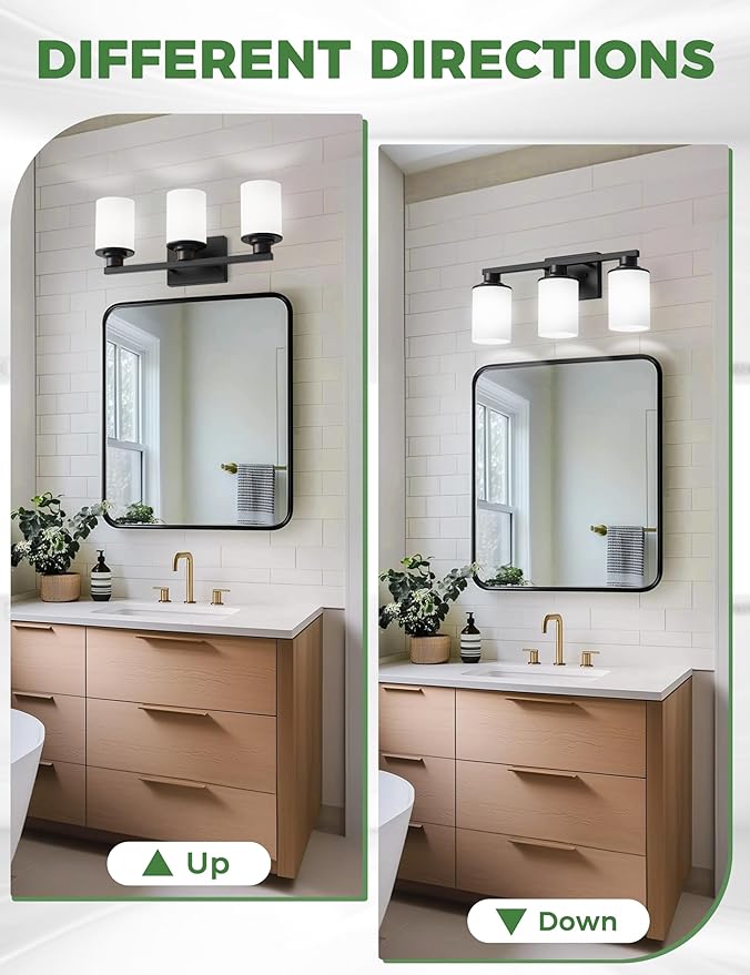 DORESshop 20 Inch Bathroom Light Fixtures, 3-Light Black Bathroom Lighting Fixtures Over Mirror with Milk Glass Shade, Modern Vanity Lights for Hallway Bedroom, ETL Listed