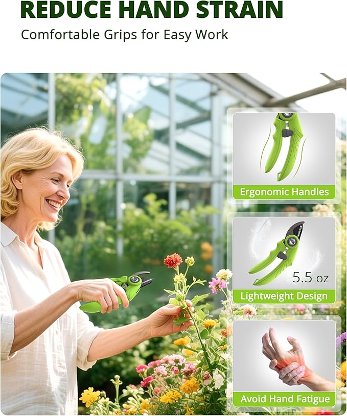 Garden Shears - 6.9" Pruning Shears for Gardening with SK5 Stainless Steel Sharp Blades, Tree Trimmer Garden Scissors with Comfort Handle and Safety Lock, Gardening Hand Tools - Green
