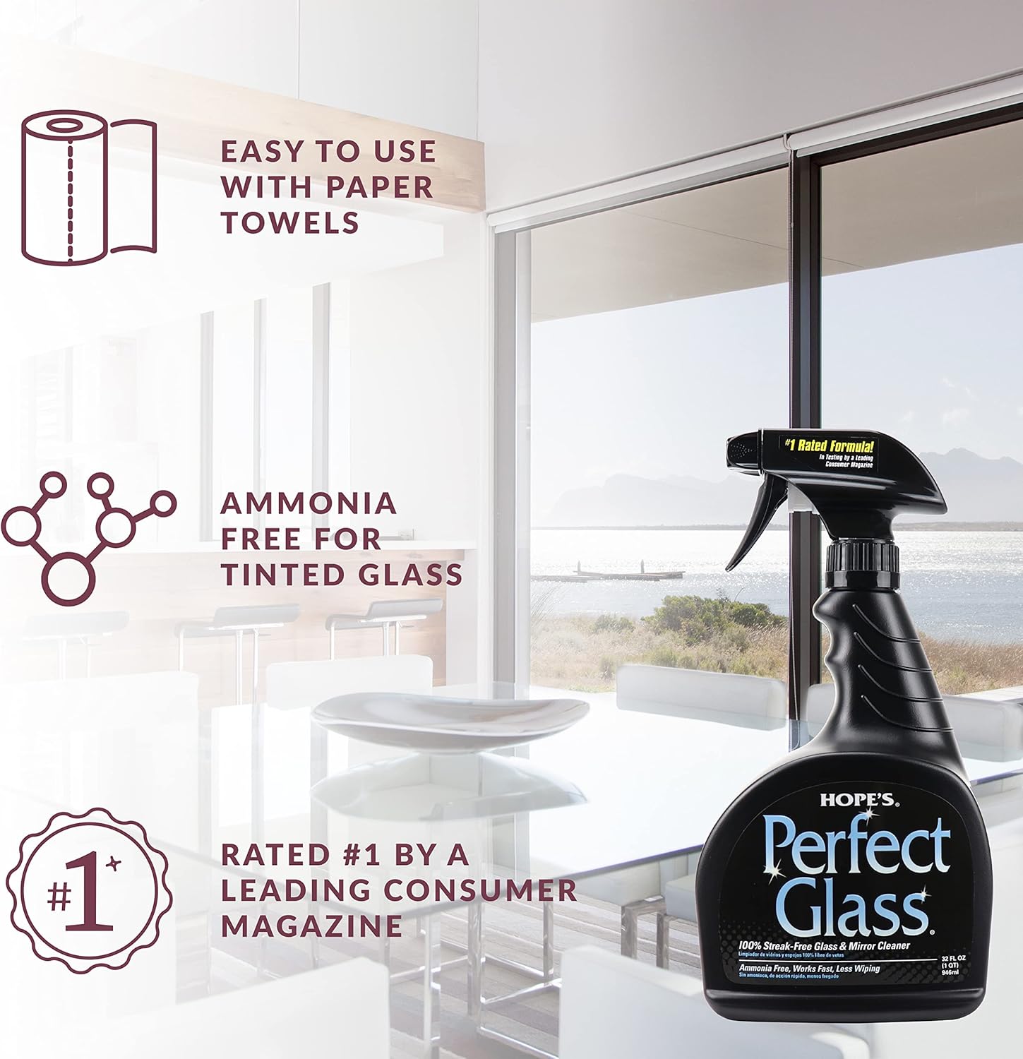 HOPE'S Perfect Glass Cleaner Spray, Streak-Free, Ammonia-Free Window, Mirror, Screen, Tinted Glass, and Shower Door Cleaner, Indoor and Outdoor Glass Surfaces, 32 Fl Oz, Pack of 6