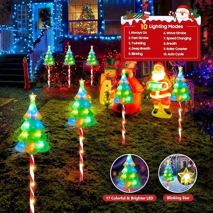 25" Larger Outdoor Christmas Decorations, 12 Pack Colorful Solar Candy Cane Christmas Tree Lights with 10 Lighting Modes and Bright 204 LED, Waterproof Solar Christmas Tree for Pathway Yard