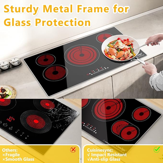 36 Inch Electric Cooktop, 5 Burner Electric Stove Top with 9 Power Levels, Touch Control, Timer, Child Lock and Residual Heat Warning, 9200W, 220-240V for Hard Wire