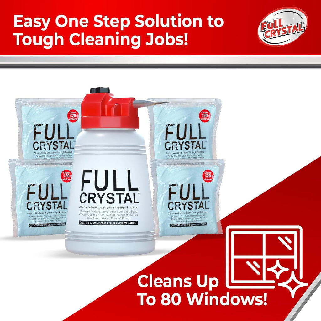 Full Crystal Window Cleaning Kit- 16 oz Glass Cleaner and Bottle with 27ft Reach will clean up to 80 Windows- Scrub Free, Rinse Free Glass Cleaner Spray Removes Dirt, Grime and Water Deposits