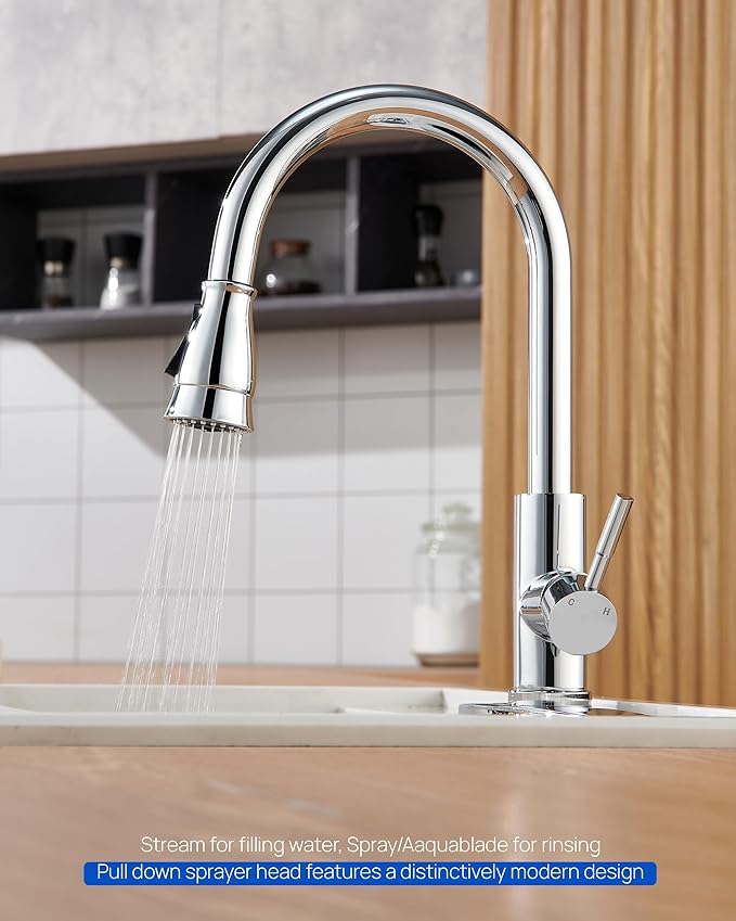 Kitchen Faucet Head Replacement, Pull Down Faucet Spray Head, 3 Function Faucet Tap Spout Sprayer Nozzle for Kitchen Faucet with 11 Adapters, Chrome
