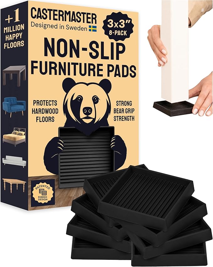 CasterMaster Square Non-Slip Furniture Pads - 3 in x 3 in, Pack of 8, Black - Stoppers to Prevent Sliding - Floor Protectors for Furniture - Noise Reduction & Caster Cups for Vinyl Floors