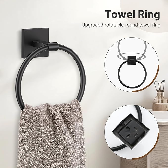 5-Piece Black Bathroom Hardware Set, SUS304 Stainless Steel Bathroom Accessories Set 23.6 inches Towel Bar, Toilet Paper Holder with Shelf, Towel Ring and Two Towel Hooks Wall-Mounted