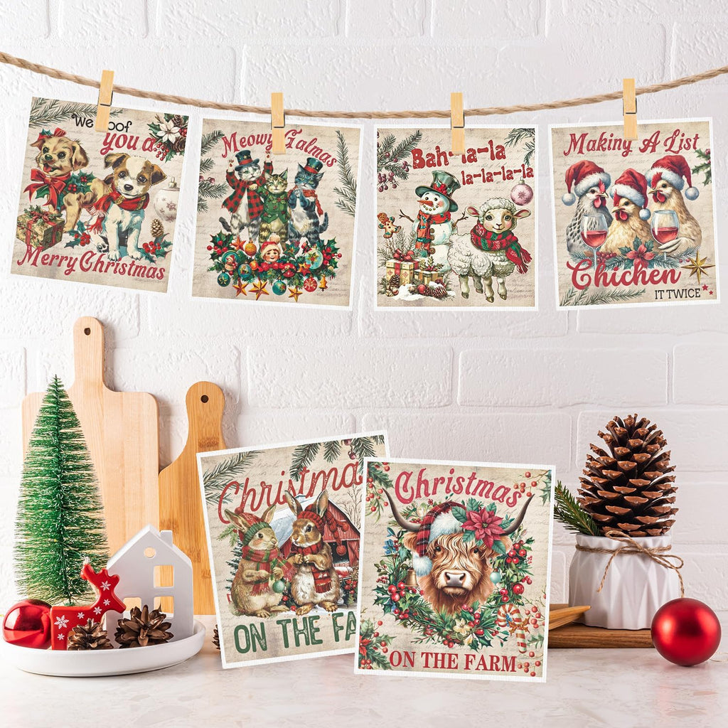 Christmas Swedish Dishcloths for Kitchen, 6 Pack Vintage Farm Animals Reusable Paper Towels Housewarming Gifts for Women, Xmas Absorbent Dish Rags for Home Cleaning