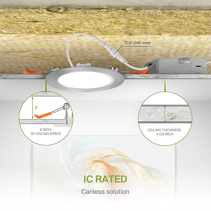 ASD 6 Pack LED Recessed Lighting 4 Inch 12W, 5 CCT 2700K-5000K CRI90+, IC Rated Ultra Thin Dimmable Ceiling Lights with J Box, Canless Wafer Downlight, Round Slim Panel Light, UL Listed, Nickel