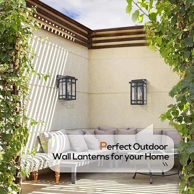 Outdoor Wall Light Fixtures 9.76'', Waterproof Porch Lights Lantern, Exterior Modern Matte Black Wall Mount Lighting, Anti-Rust E26 Socket Outside Scones for Front Door Garage Patio, 2 Pack