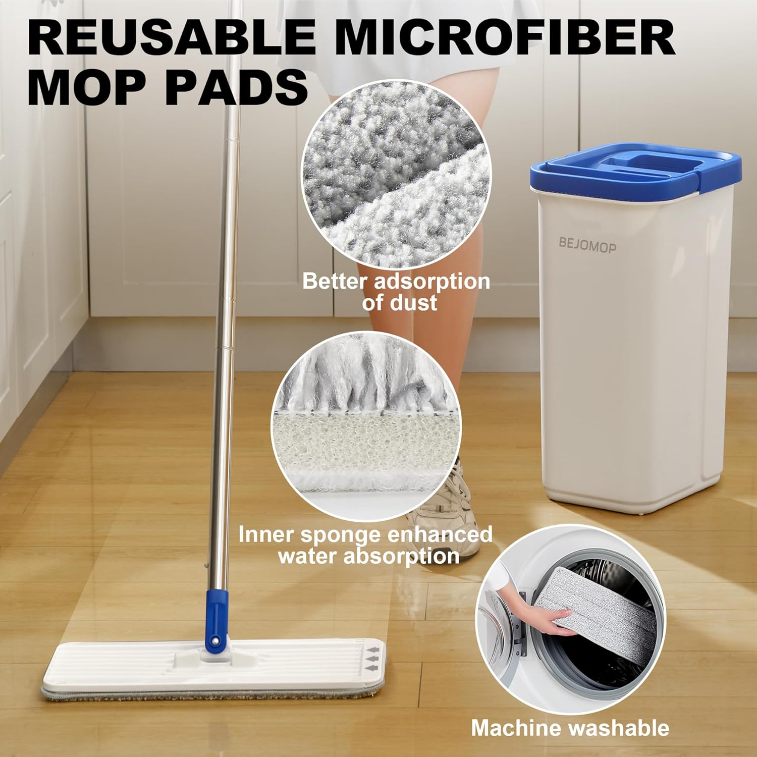 Mop and Bucket Set with Wringer, Squeeze Wall Mop Cleaner with Long Handle, Flat Mop and Bucket System, Dry & Wet Dust Mop for Household Floor Cleaning with 3 Microfiber Mops, Slate Blue