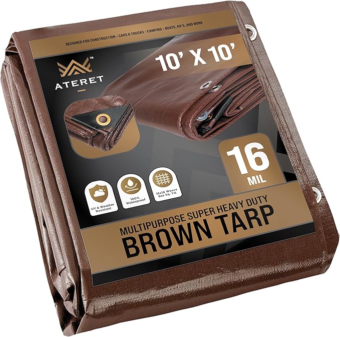 ATERET 10' x 10' Super Heavy Duty 16 Mil Brown Poly Tarp Cover - UV Resistant, Thick Waterproof, Rip and Tear Proof Tarpaulin with Grommets and Reinforced Edges
