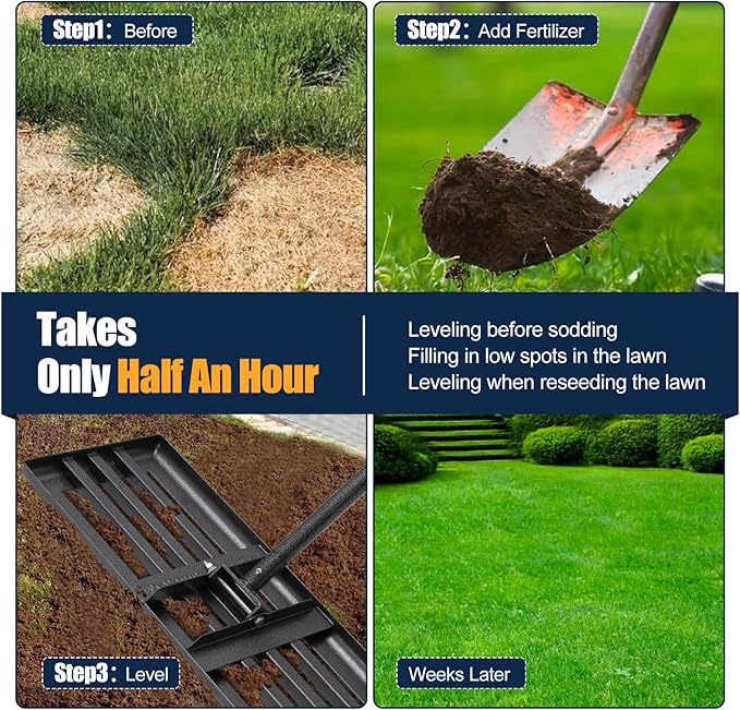 Professional Lawn Leveling Rake 30x10in - Heavy Duty Leveling Tool with 72in Adjustable Stainless Steel Handle | Golf Field Sand Spreader, Football Pitch Grass Leveler | Rustproof Turf Grading Rake